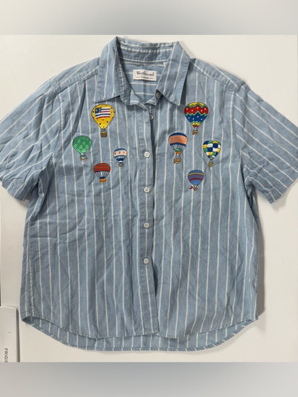 VTG Westbound Blue Striped Hot Air Balloon Embroidered Short Sleeve Gma Shirt L
